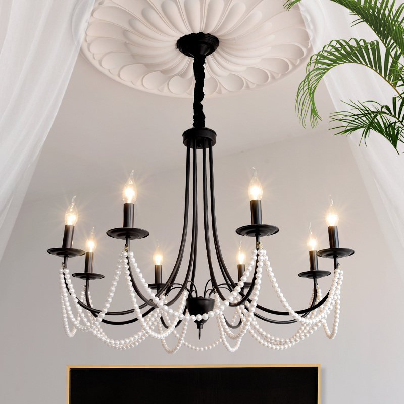 法式客厅吊灯主灯复古中古珍珠餐厅卧室灯衣帽间美式蜡烛灯高级感