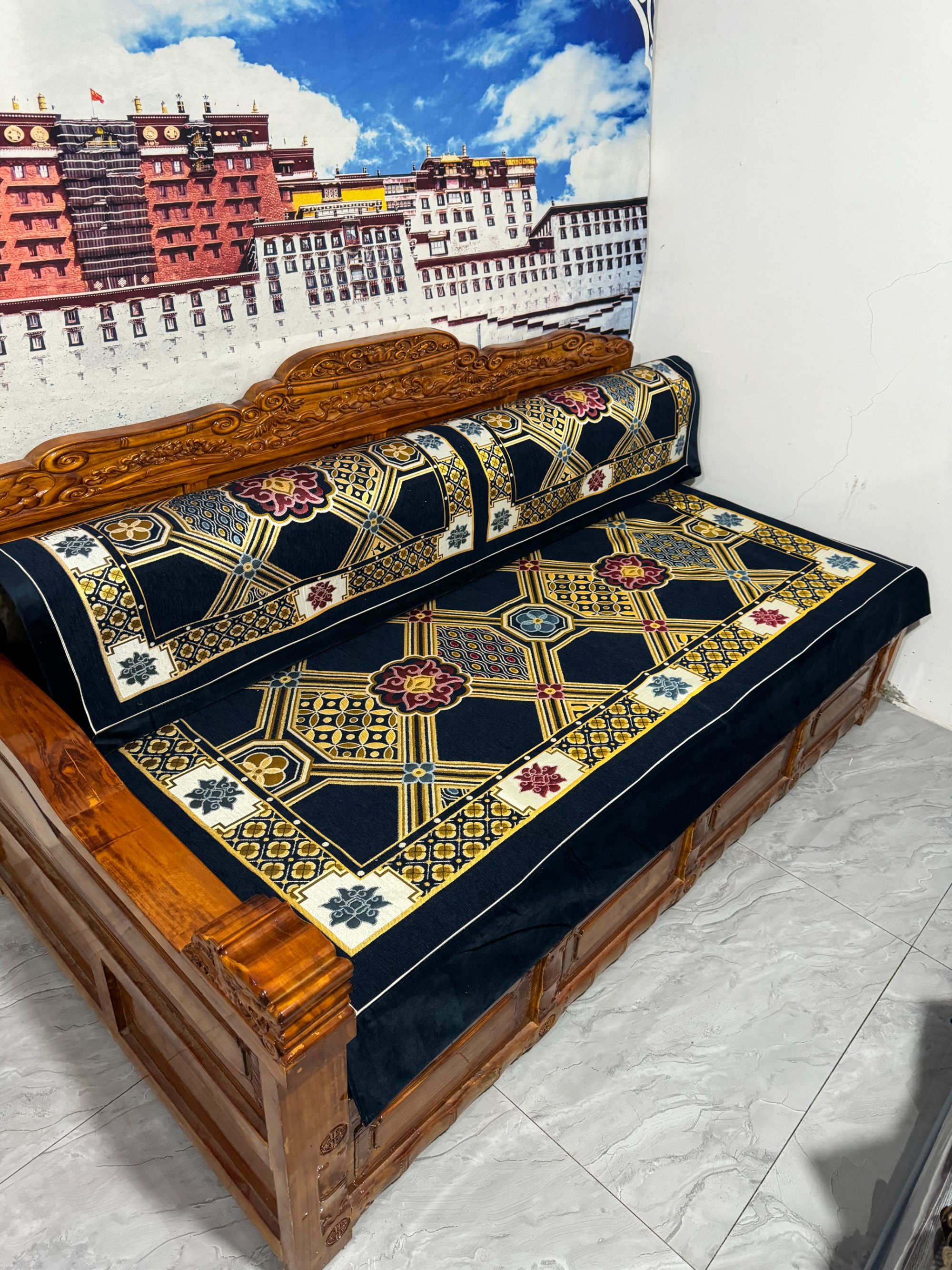 西藏包邮藏式沙发垫藏床用雪尼尔面料双重防滑可机洗 锦缎纹