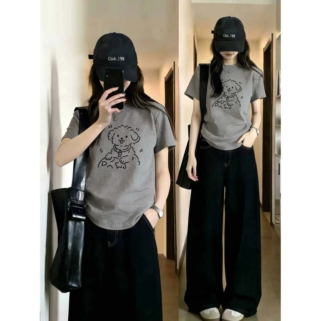 线条小狗印花正肩短袖t恤女2026新款胖mm大码显瘦圆领半袖上衣服