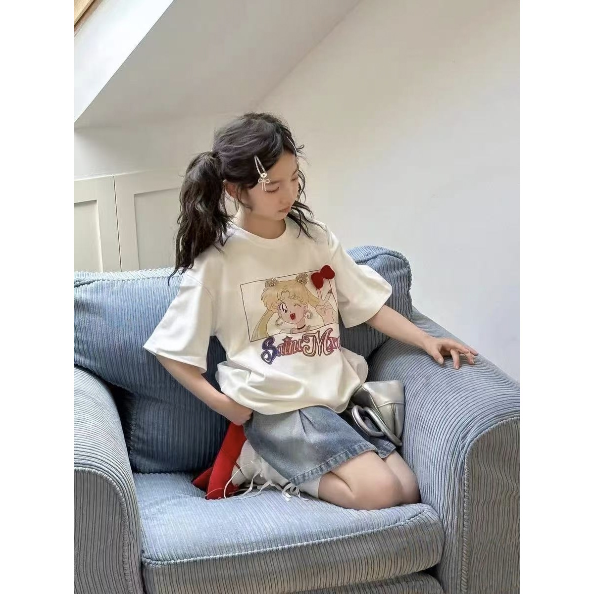 【断码清货】2025夏美少女立体蝴蝶结短袖T恤(100%棉) D380 380 M