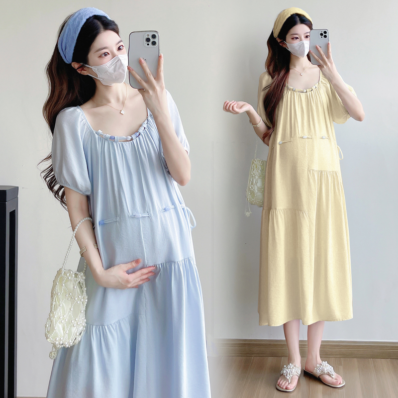 实拍现货 2025夏季孕妇装宝石串珠气质温柔长款连衣裙