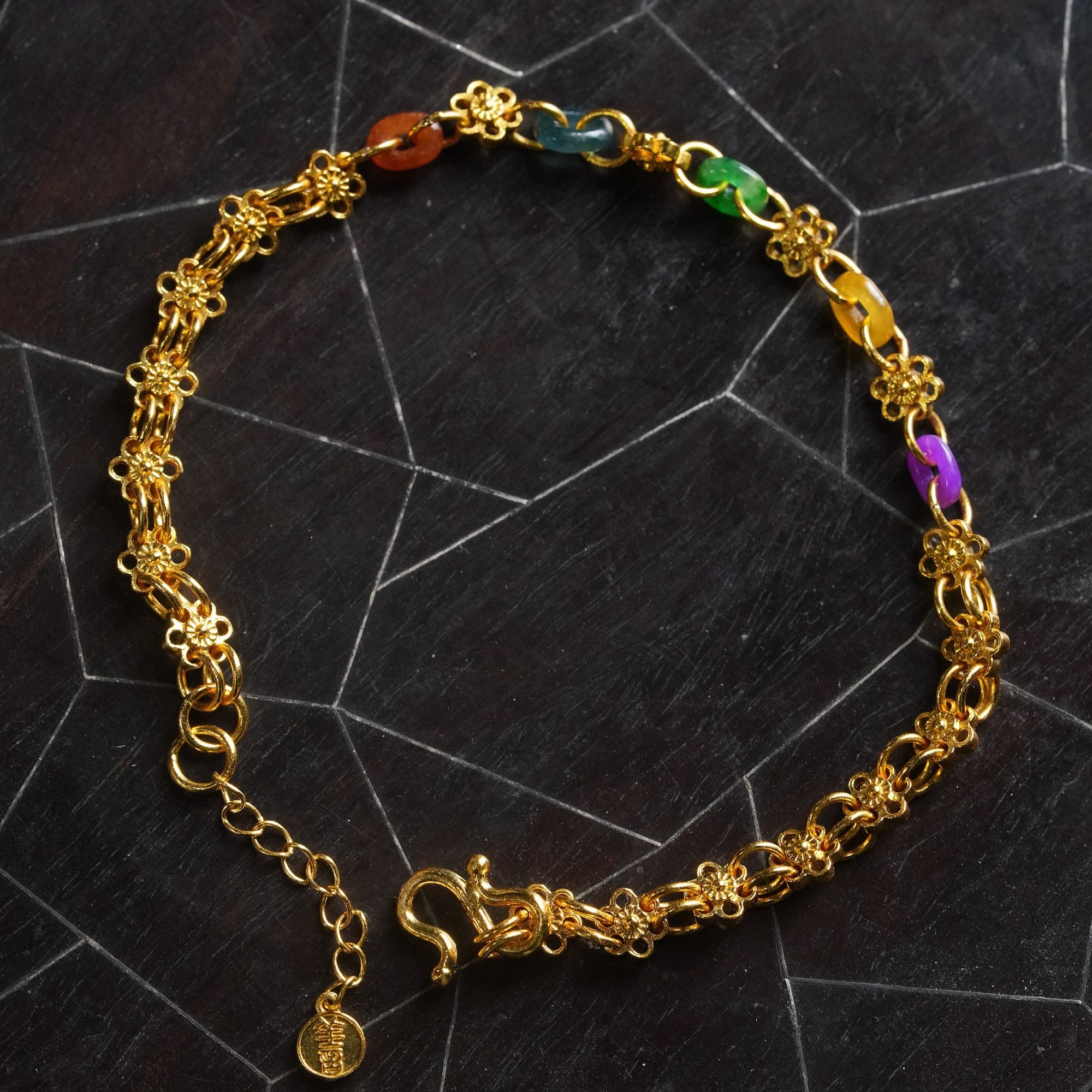 【五行】多彩特色翡翠多宝古法足金手链