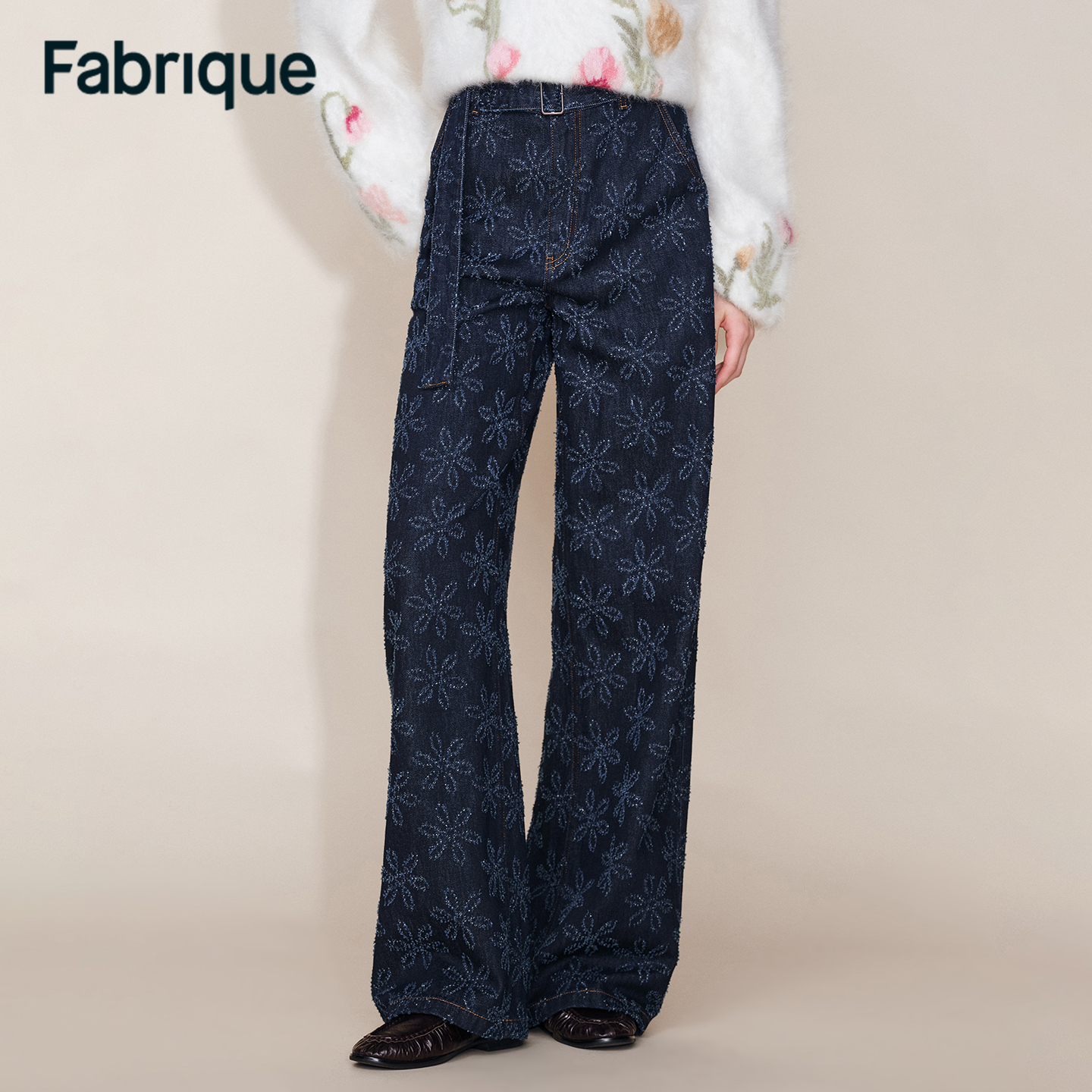 Fabrique Mia秋冬新品深蓝花朵钩花肌理配腰带复古法式阔腿牛仔裤