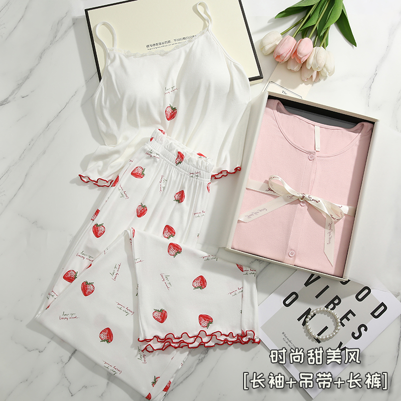 2025新款睡衣女春夏季甜美带胸垫纯欲风可外穿家居服三件套礼盒装