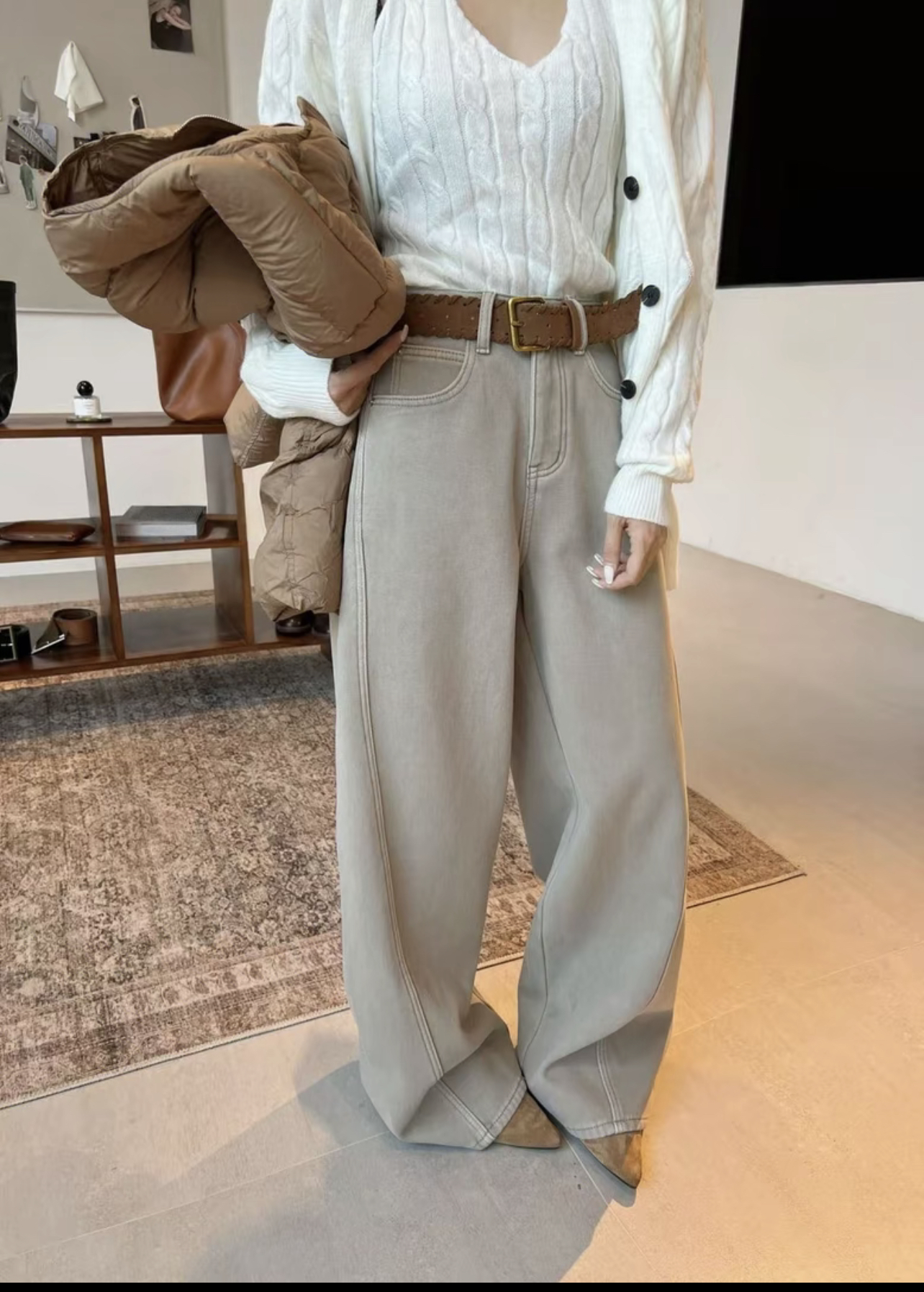 高腰阔腿明线设计配腰带复古风显瘦显高宽松拖地牛仔长裤