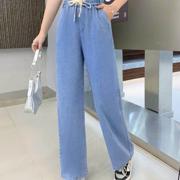 蓝色松紧裤休闲舒适薄款窄版阔腿裤牛仔裤女洋气裤子抗皱长裤