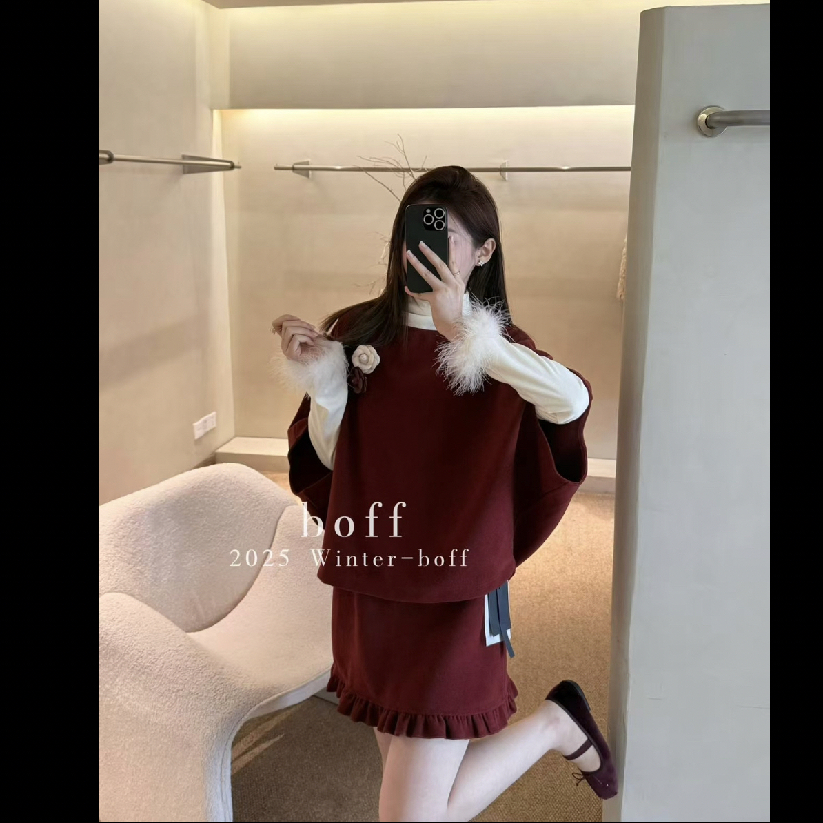 【海岛简爱】毛呢斗篷木耳边松紧腰显瘦短裙气质套装 86556