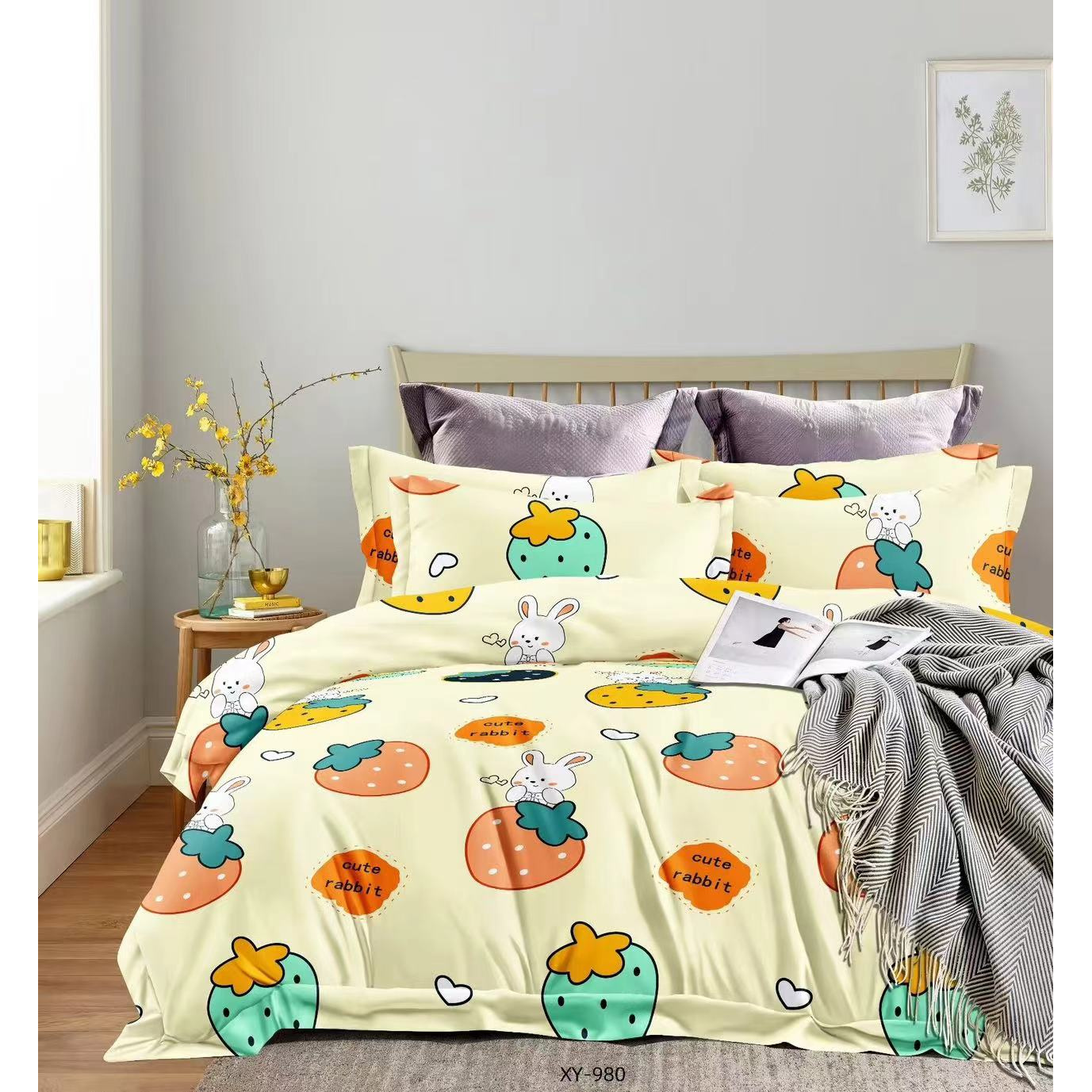 高支高密水洗斜纹棉床单2米双人【草莓小兔】