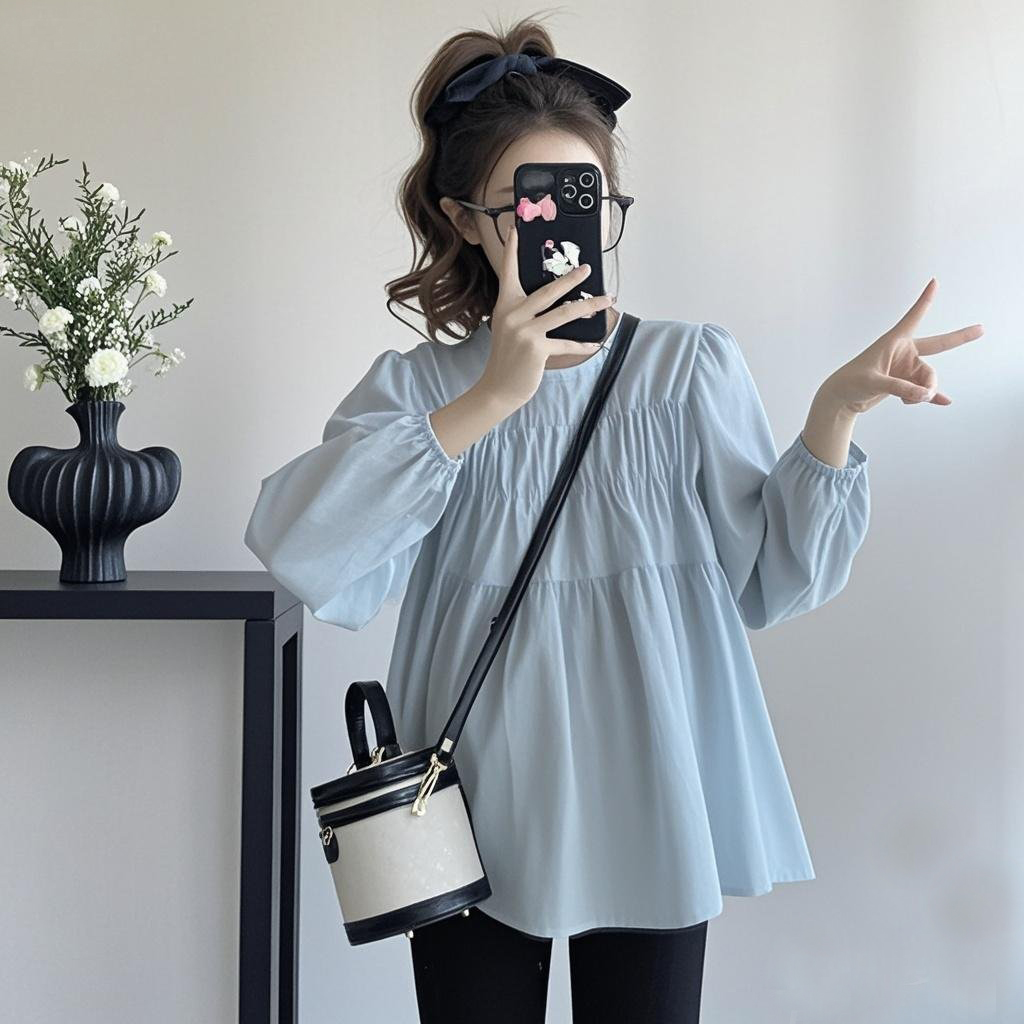 小个子孕妇装春秋2025新款遮肚子不显怀甜美长袖短款上衣娃娃衫夏