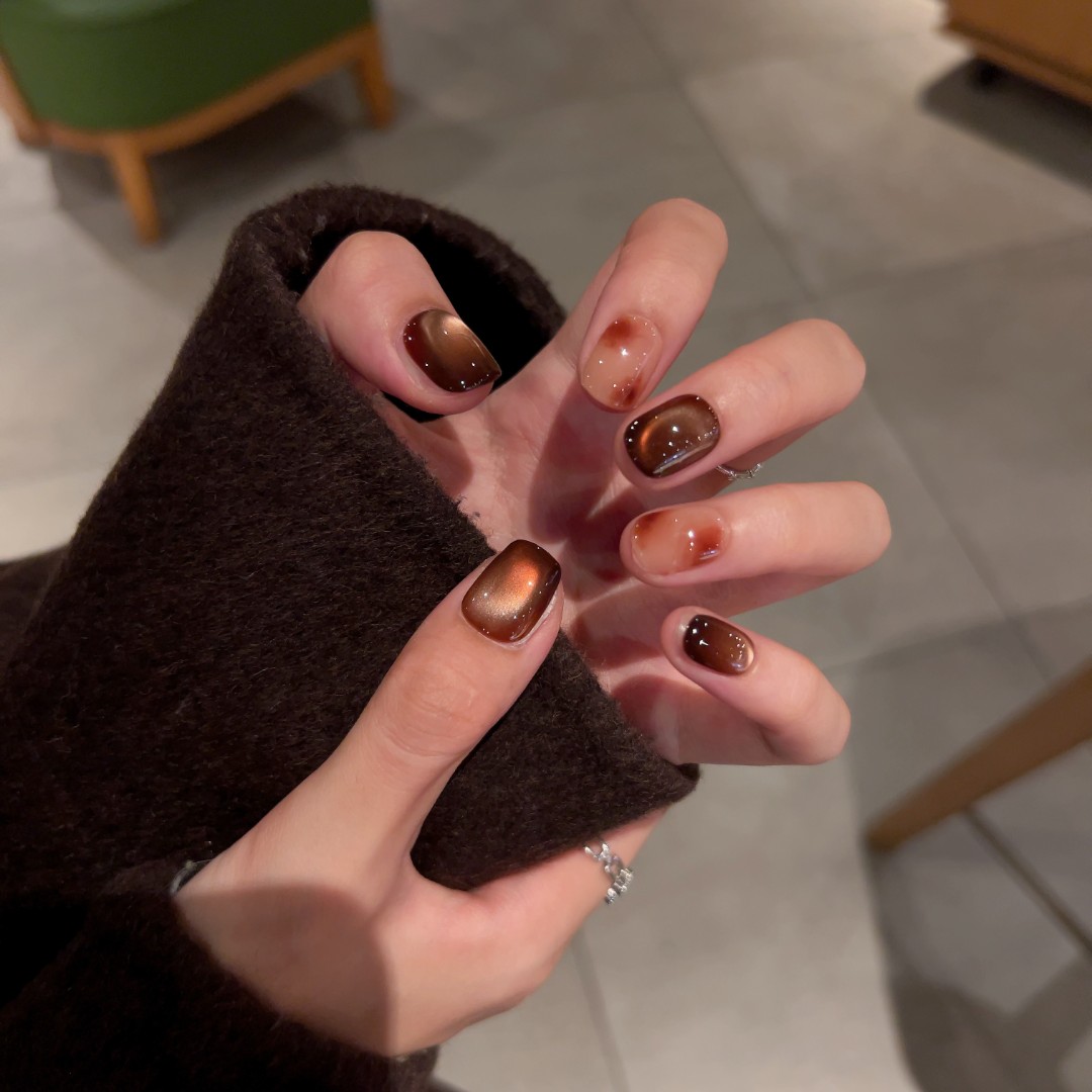 【玳瑁蜜蜡】秋冬美拉德色系琥珀晕染手工穿戴甲