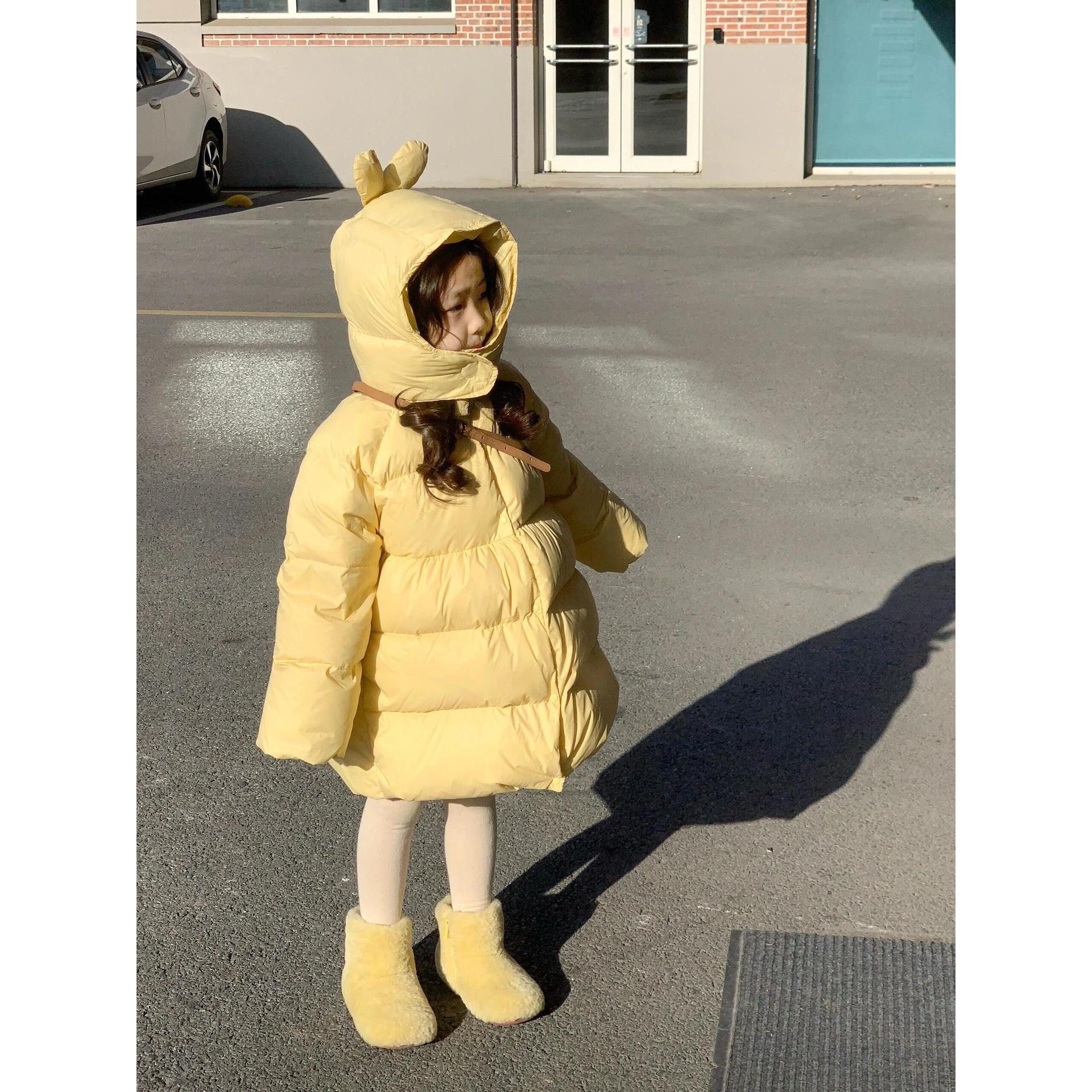女童冬季卡通耳朵连帽中长款宽松棉衣黄色显白加厚棉服外套