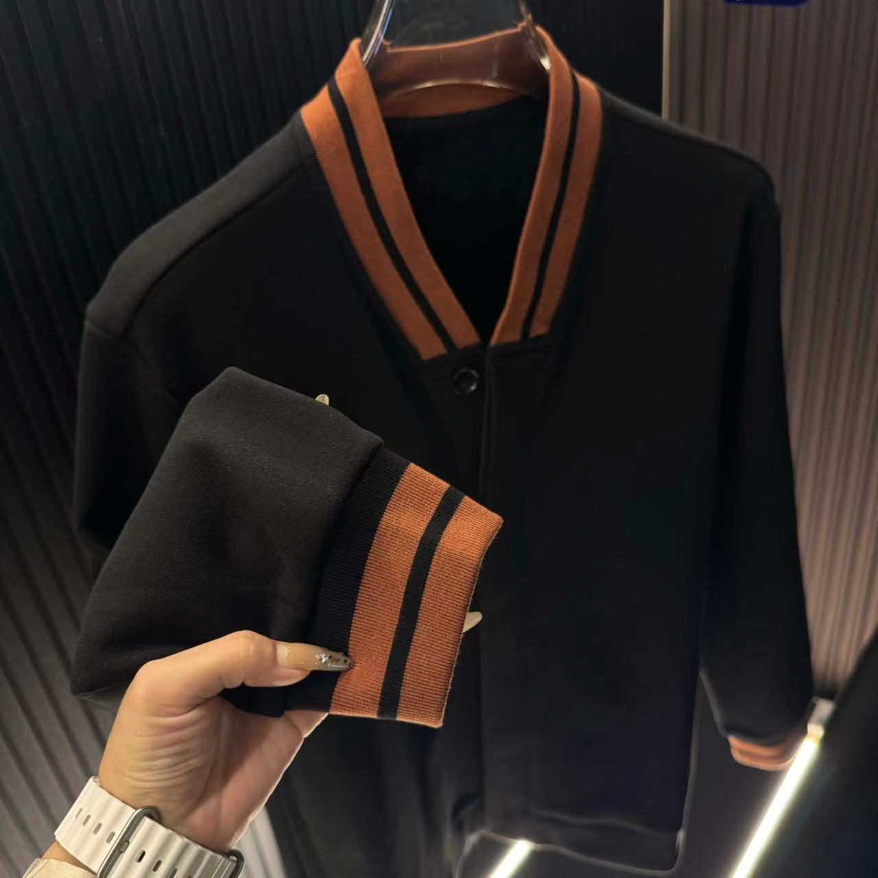 897-2撞色纽扣摇粒绒男士时尚休闲百搭加绒加厚外套