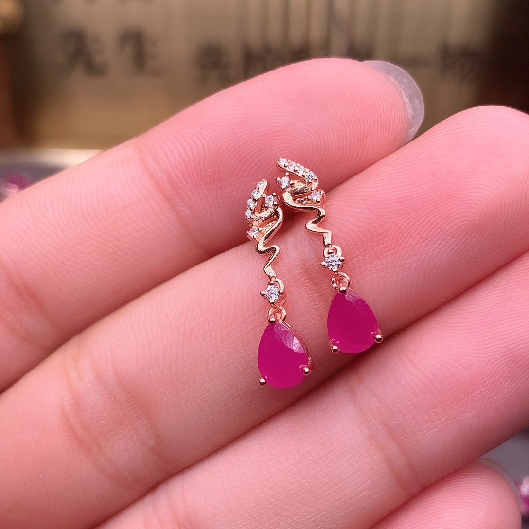 红宝石耳饰银S925镶嵌