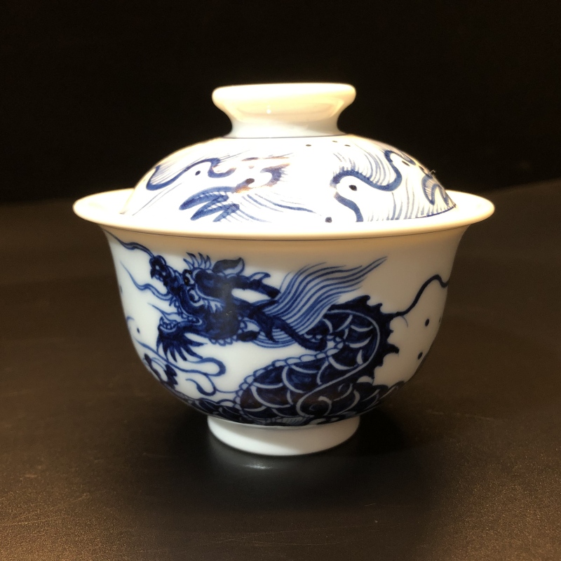 12.24/N200320/00910/青花鱼化龙二才盖碗/口径9.5/高8..3/140cc