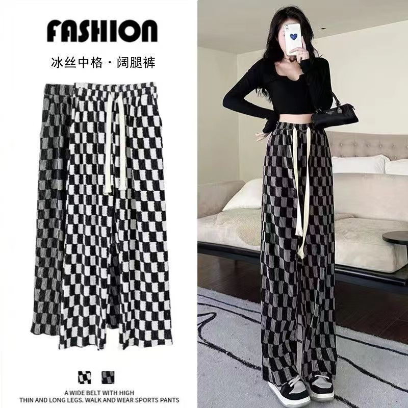 扎染棋盘格阔腿裤子女薄款宽松压褶直筒休闲裤显瘦垂感冰丝拖地裤