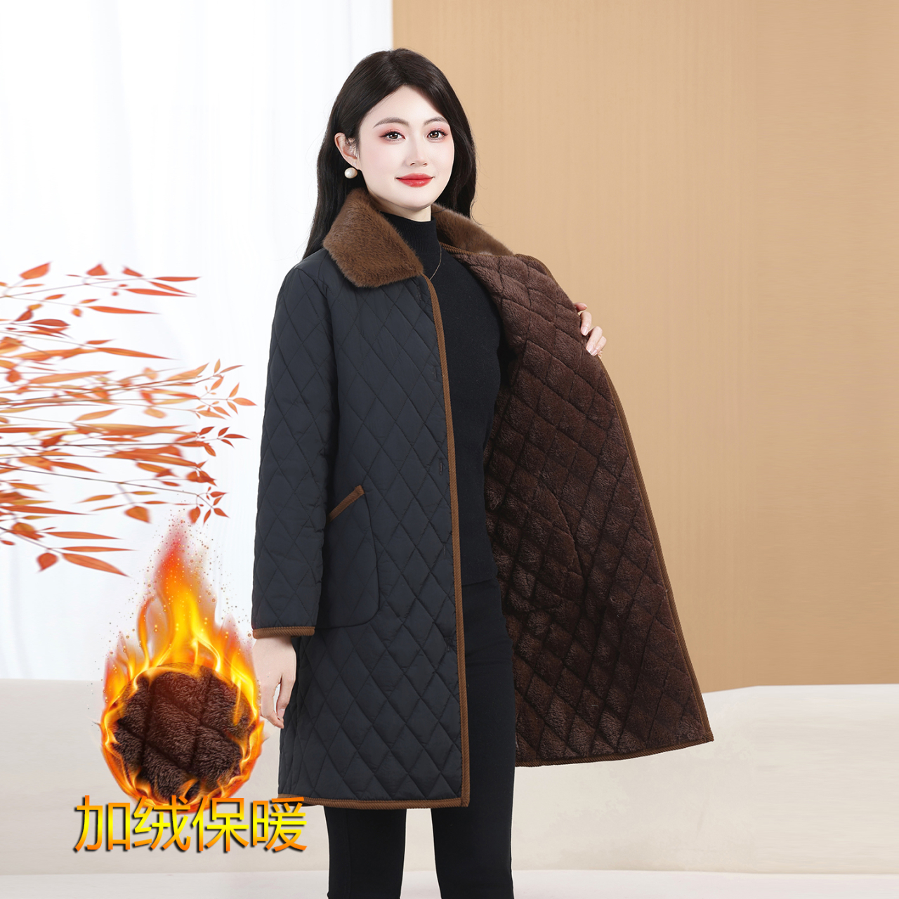 中老年女装冬季棉服加绒加厚时尚妈妈棉衣中长款洋气保暖过冬衣服