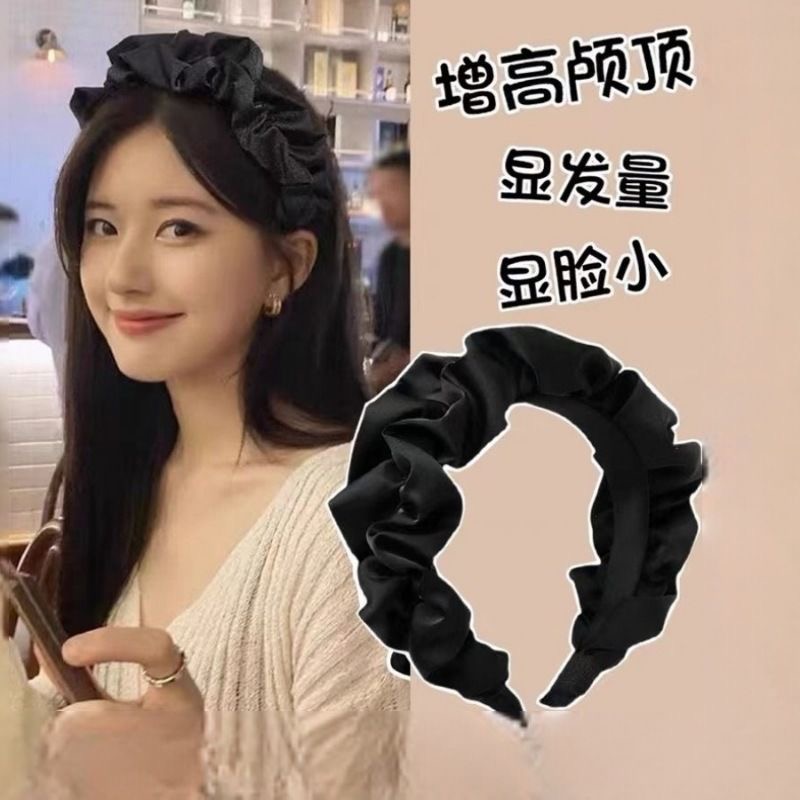 KQE/缎面波浪高颅顶布艺发箍2025年网红新款褶皱甜美宽边头箍发饰