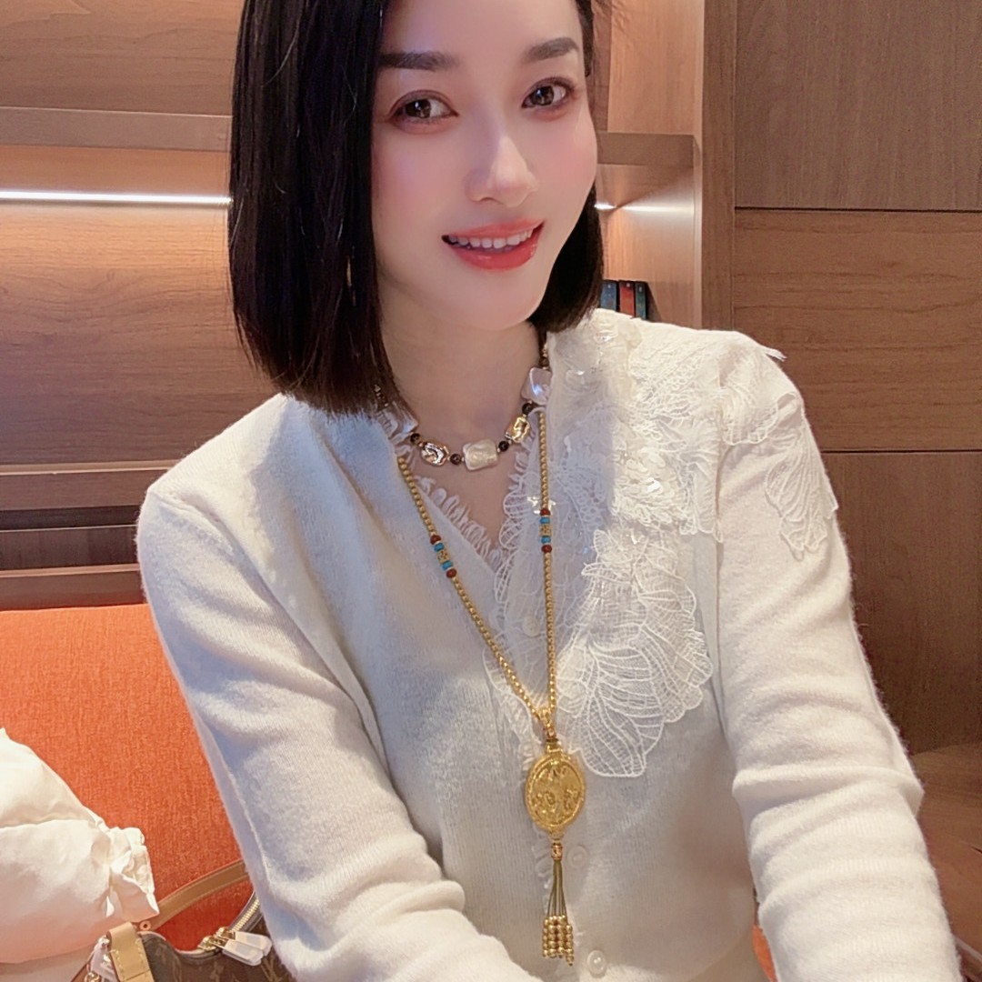 【少琴家】新款时尚V领蕾丝拼接纯山羊绒开衫气质显瘦小香风