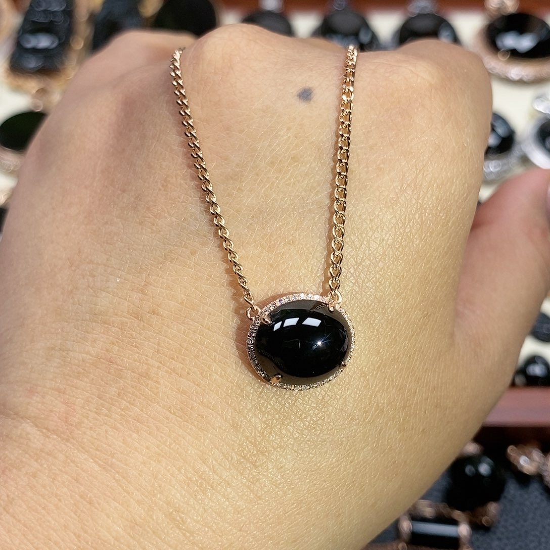 翡翠颈饰18K金镶嵌墨翠套链