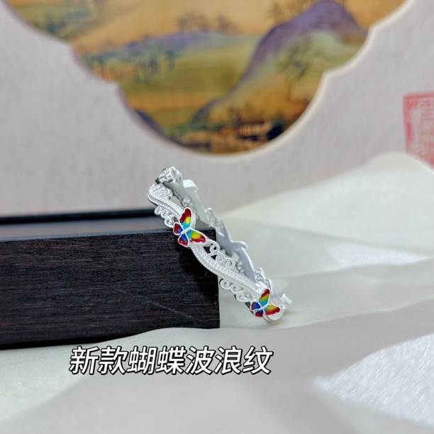 足银手镯 足银999.9彩色蝴蝶波浪纹开口