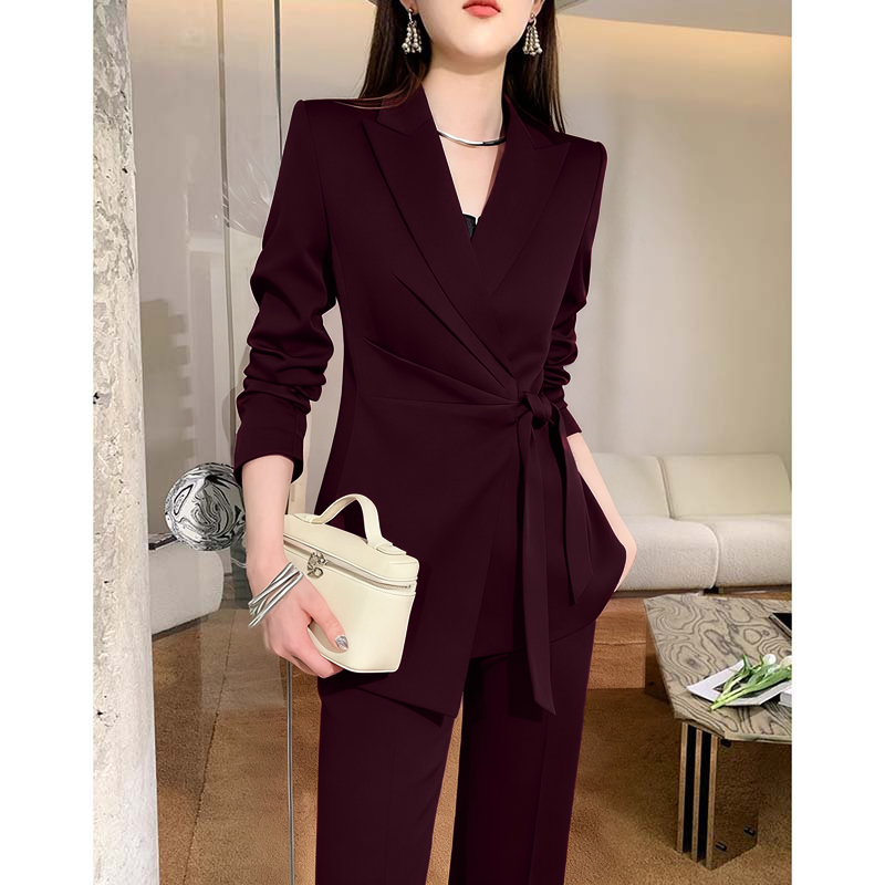 【两件套】春秋法式正装系带女纯色春秋女神范名媛套装轻职风D3878