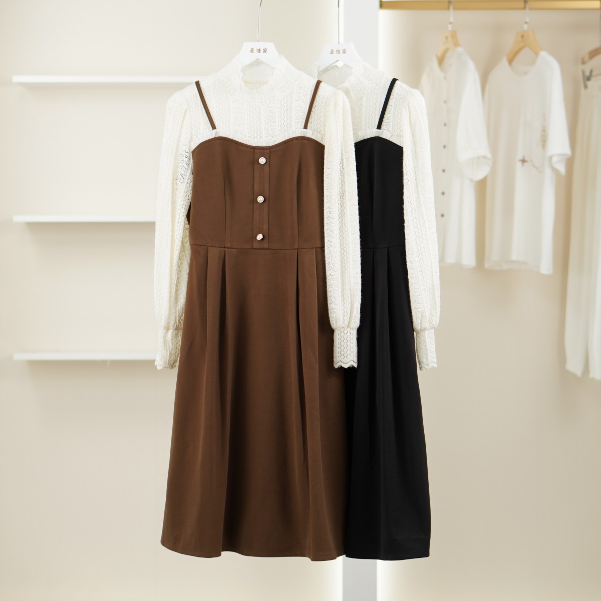 一路童行 30513124 女装春秋气质淑女高腰镂空蕾丝假两件中长裙子