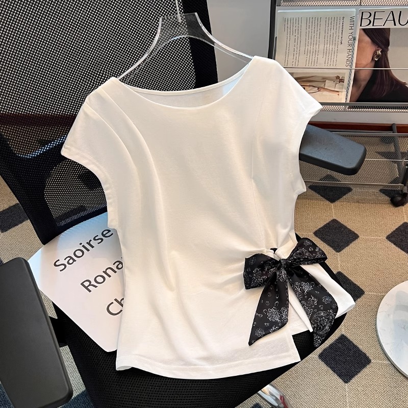 拉夏贝尔白色蝴蝶结短袖t恤女2025新款薄款韩式独特绝美夏日上衣