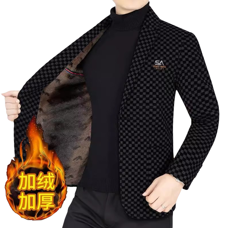 男士秋冬款西服休闲外套加绒加厚保暖秋冬季爸爸装中老年男装上衣