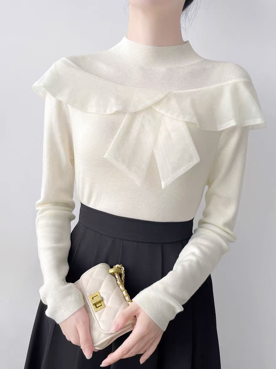 秋冬新款时尚洋气百搭半高领荷叶边套头针织打底衫内搭上衣女