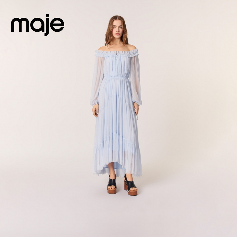 Maje2025早秋新款女装一字肩褶边收腰雪纺长裙连衣裙MFPRO03941