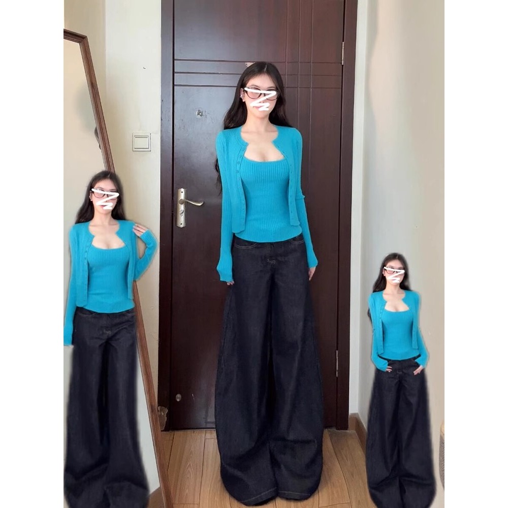 辣妹蓝色针织吊带开衫套装女秋冬季内搭外套开春韩系穿搭chic上衣