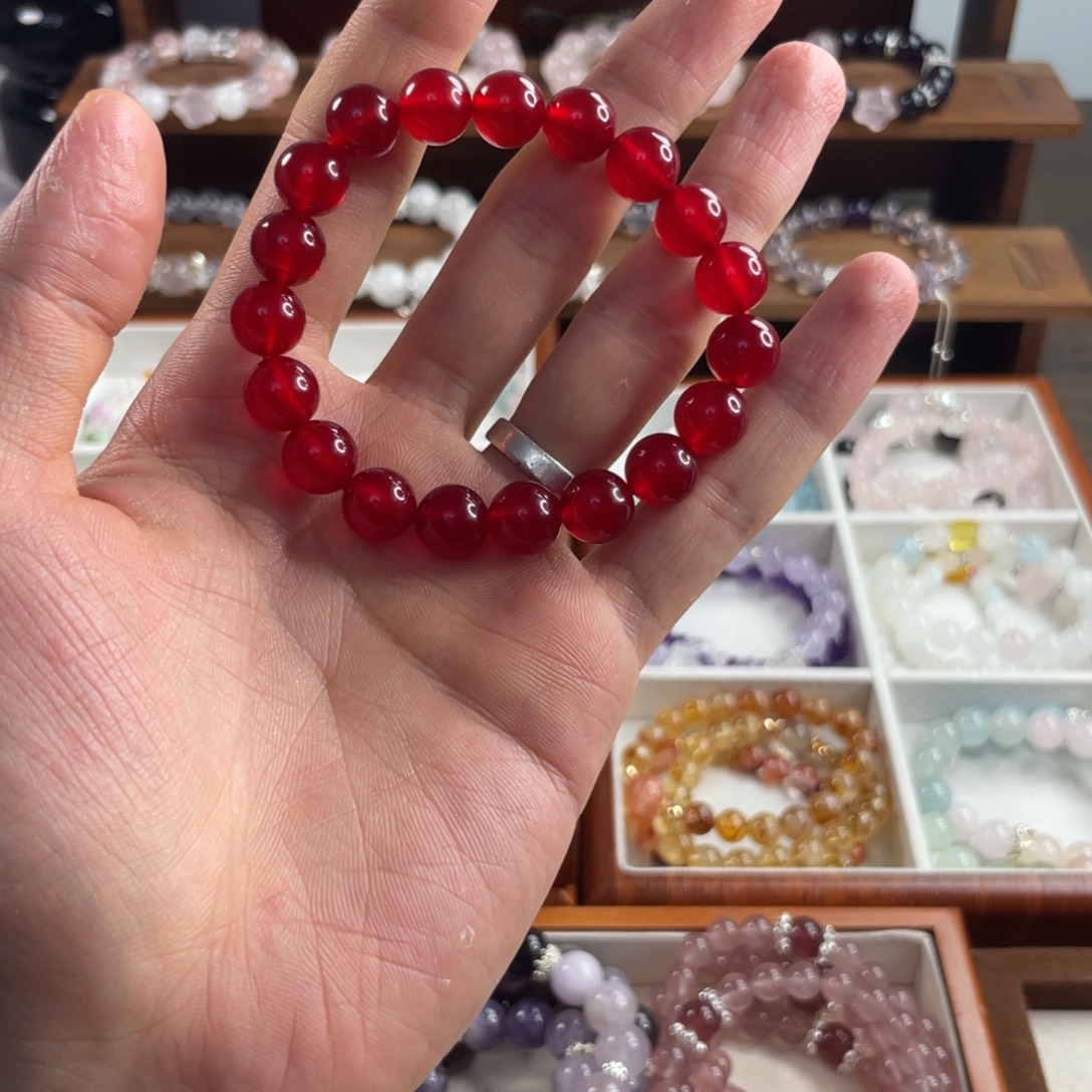 水晶手链银S925镶嵌玛瑙红