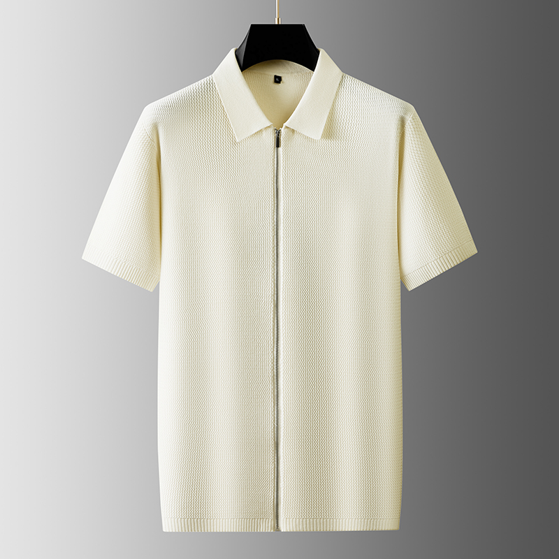时尚百搭透气修身男士简约潮流翻领拉链商务休闲针织短袖针织衫FP