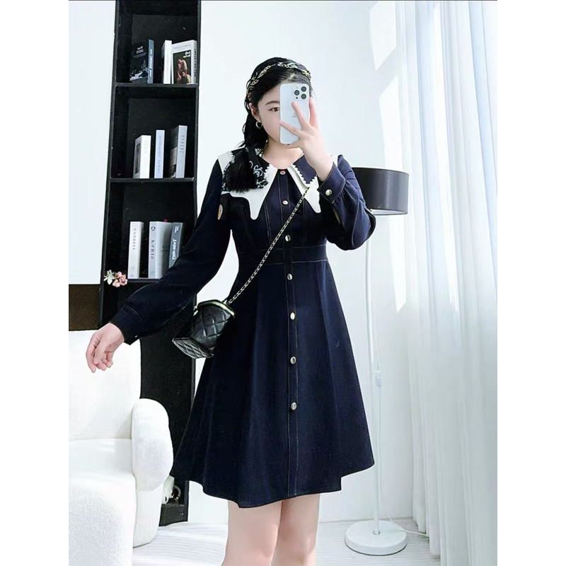 A602春秋新款女装法式高级感撞色连衣裙胖mm显瘦遮肉垂坠感掐腰裙