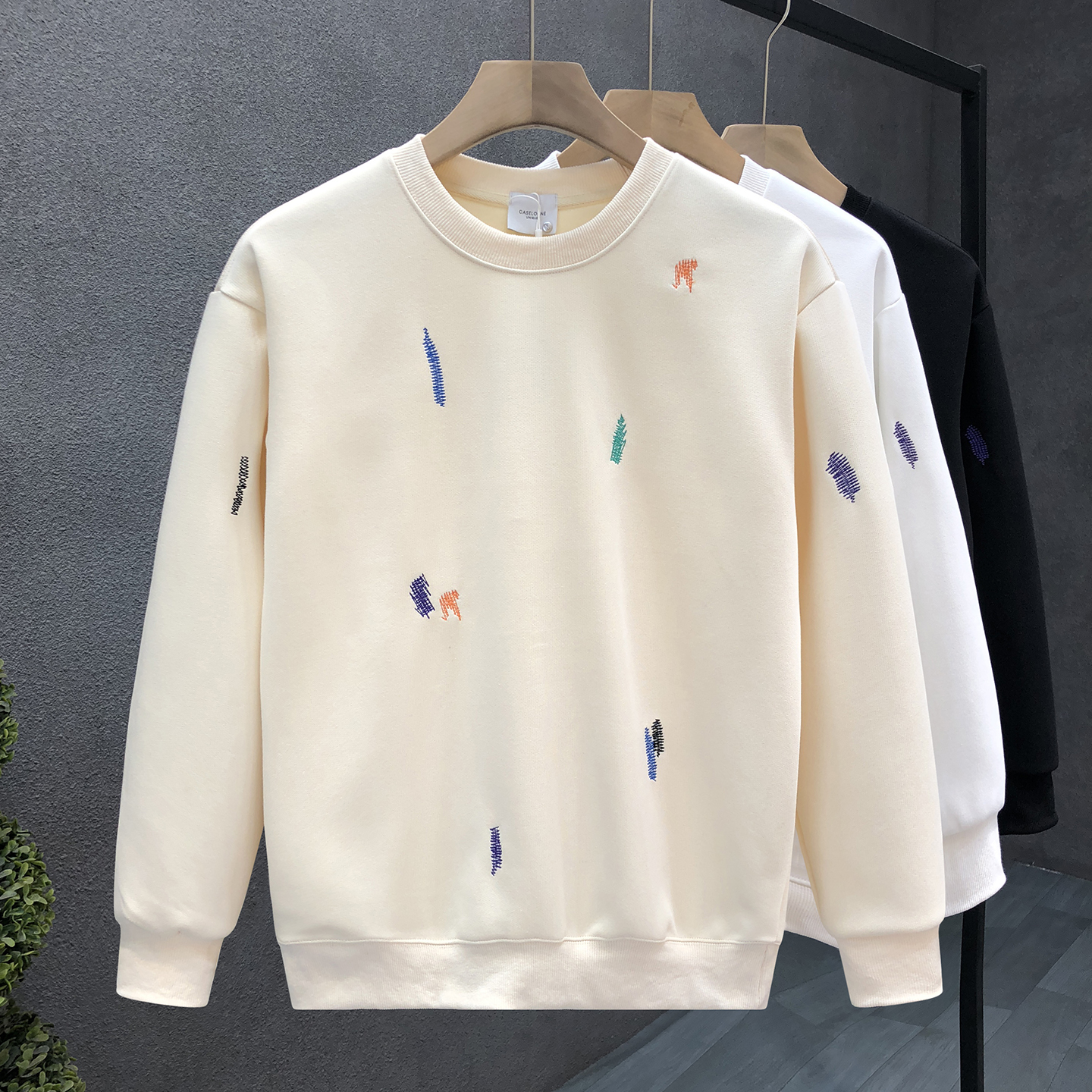 进口品质彩色刺绣杏色卫衣男生长袖t恤2025秋冬季新款男士打底衫