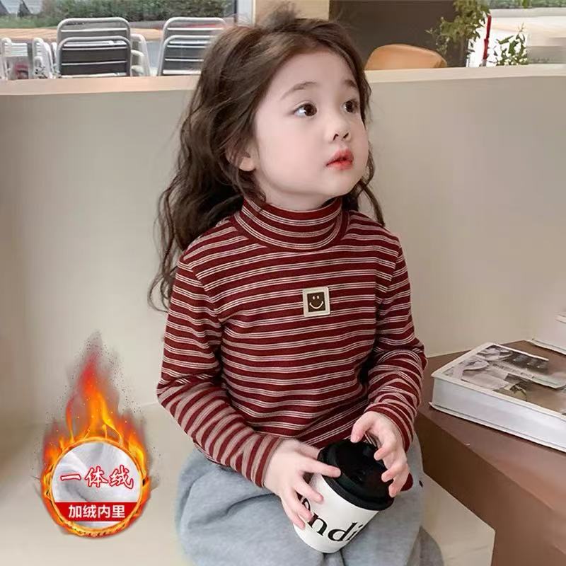 女童秋冬季洋气一体绒条纹半高领打底衫宝宝2025新款加厚上衣冬装