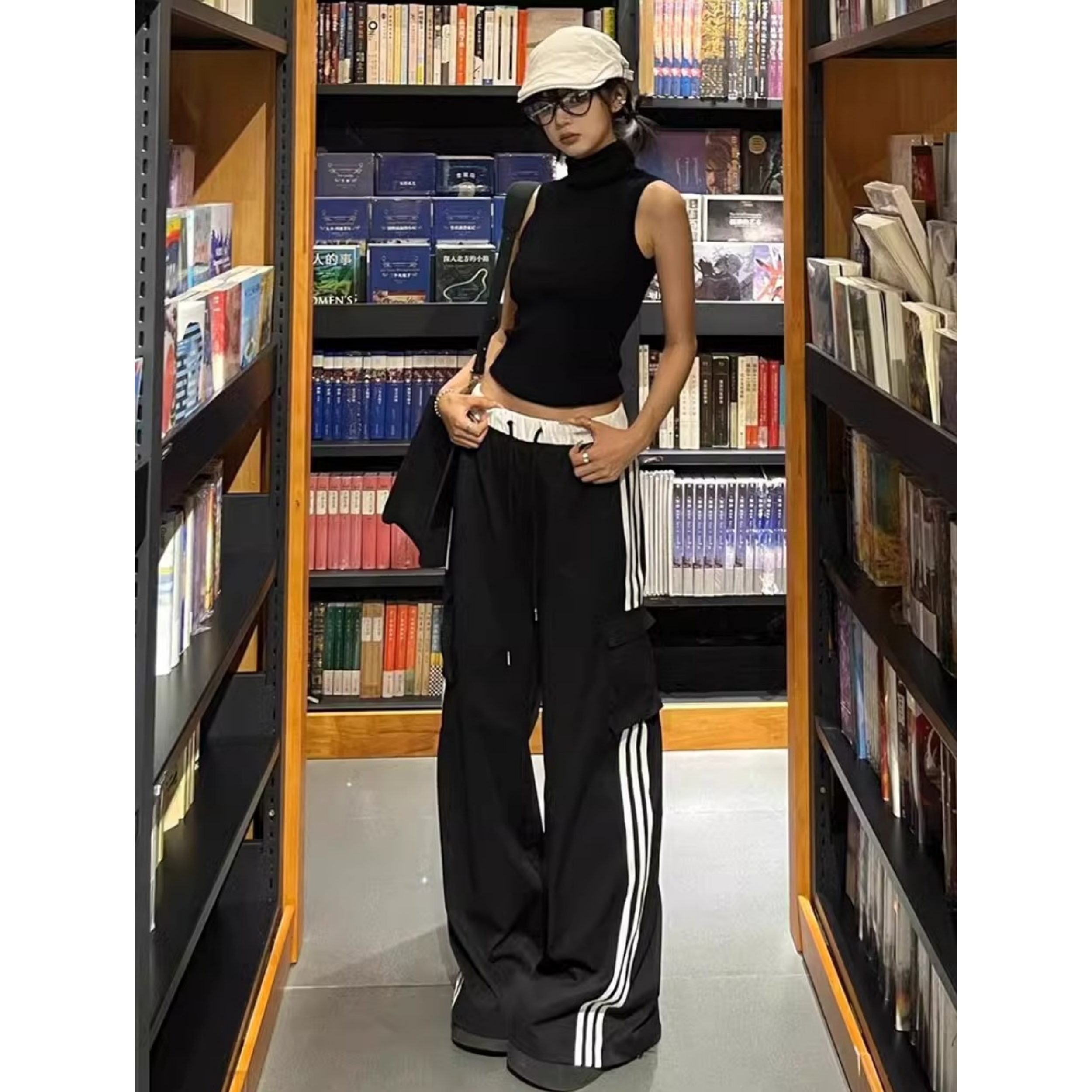 美式高街黑色三条杠工装裤女夏季薄款宽松直筒垂感休闲拖地阔腿裤