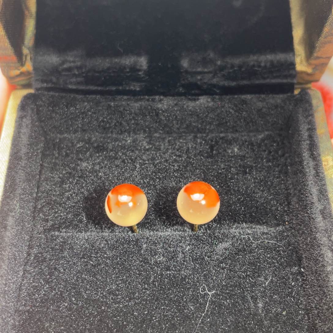 南红玛瑙鸿运当头 耳钉18K金镶嵌