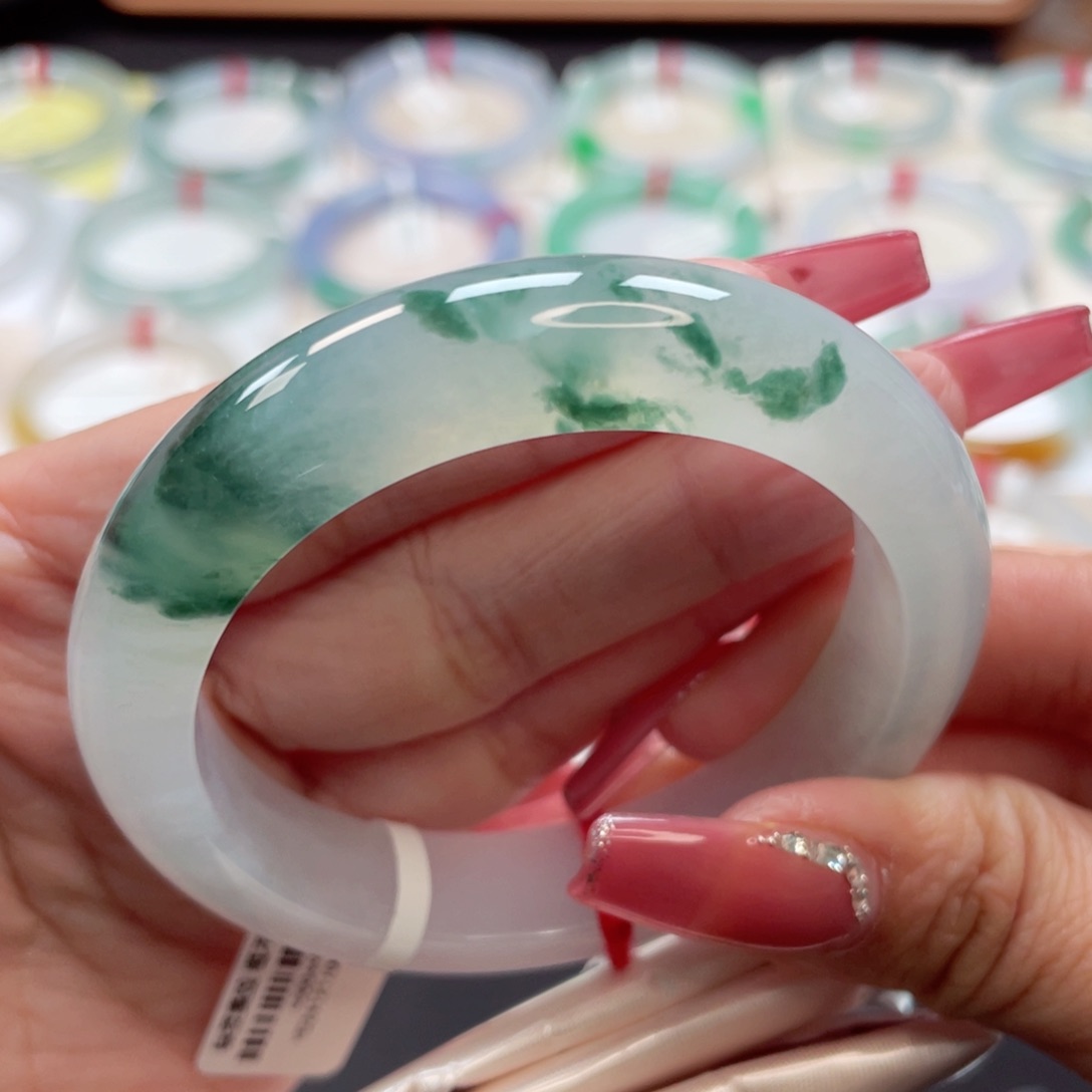 【闪购商品】翡翠手镯未镶嵌冰飘绿花仙气飘飘54.3圈16号