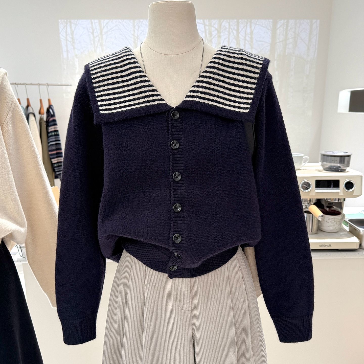 2025秋冬慵懒风海军翻领针织开衫上衣女大码宽松显瘦条纹毛衣外套