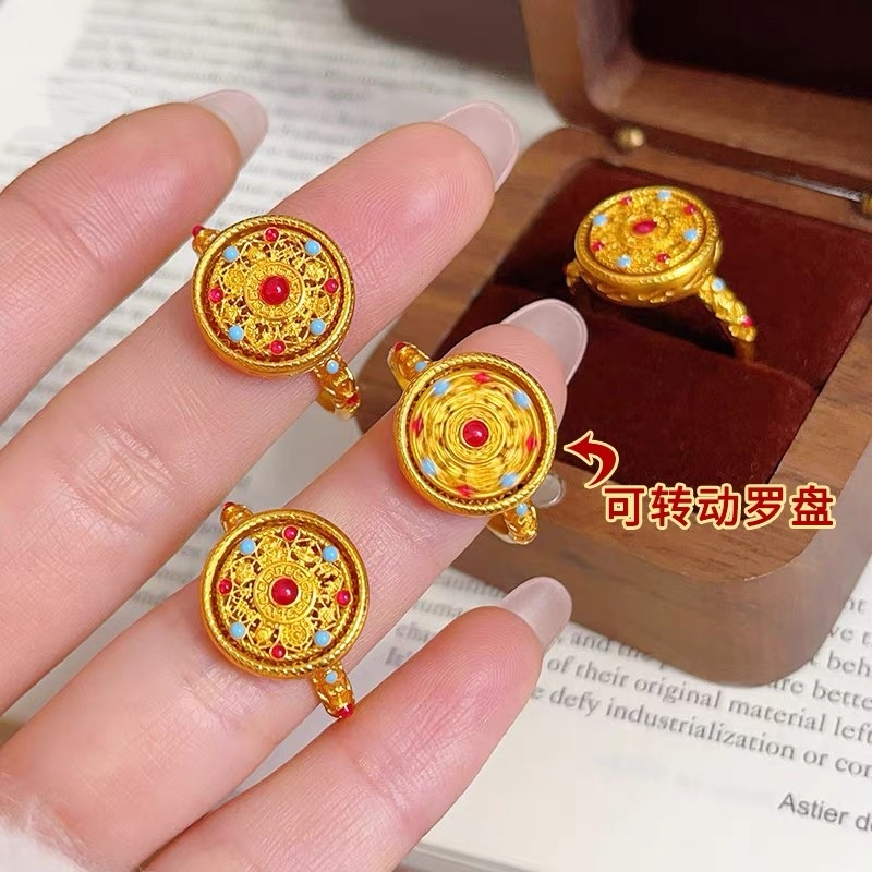 铜合金戒指 珐琅彩八宝罗盘戒指时来运转圆牌指环国风送女友礼物