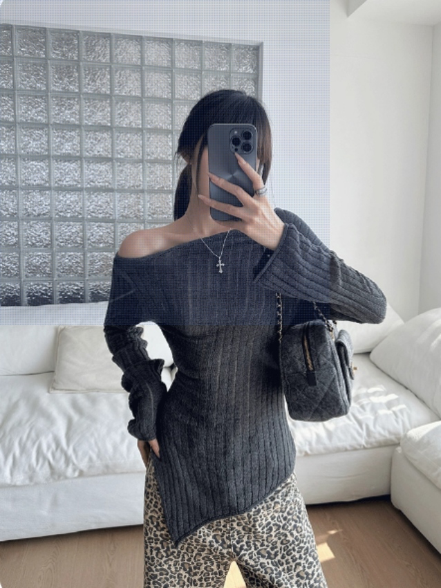 Lynka Vogue 斜肩长袖针织衫女设计感小众高级感2025新款打底上衣