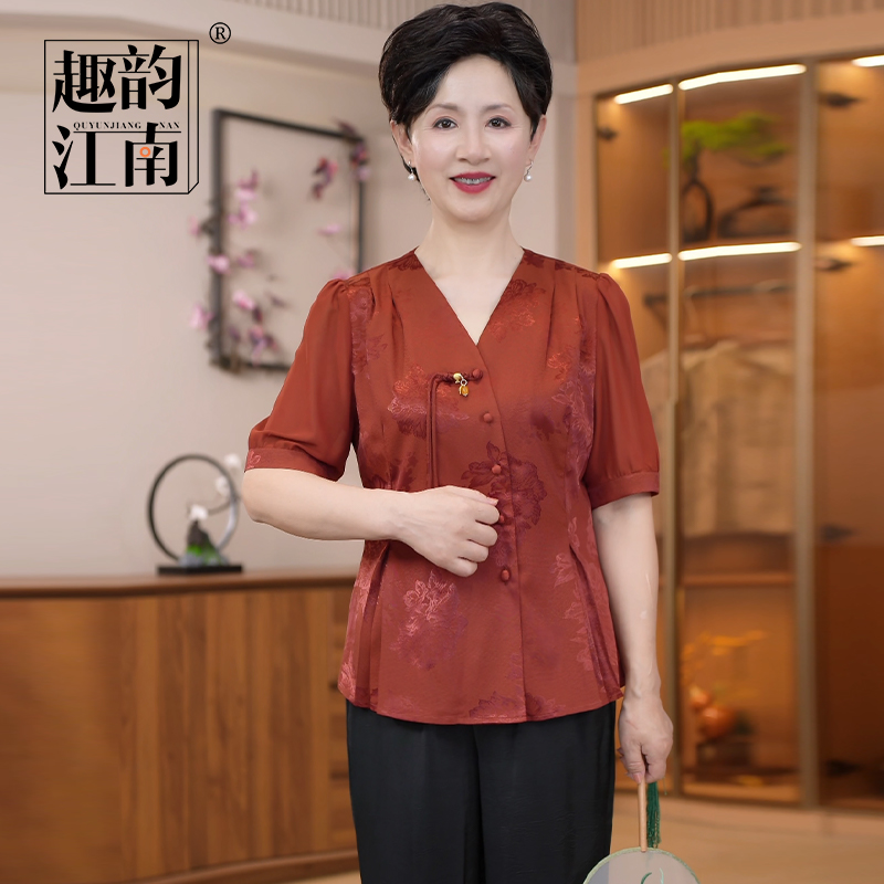 趣韵江南妈妈装国风休闲小衫套装新中式复古印花气质斜襟盘扣套装