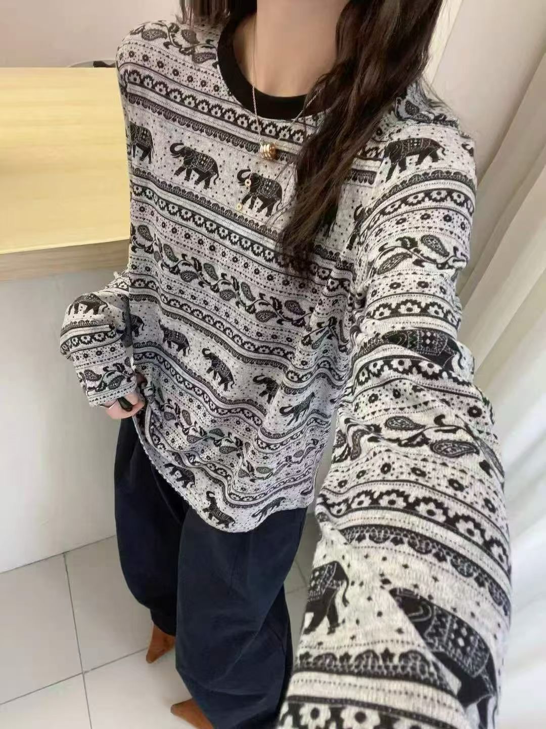 欧洲站2025秋季新款欧货圆领宽松长袖大象印花t恤打底衫女上衣 潮