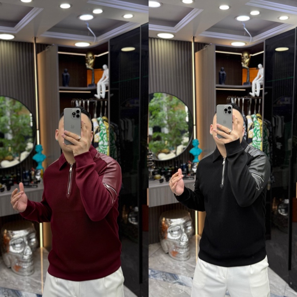 SH轻奢时尚高定男士雅痞半拉链拼皮休闲小衫 8128