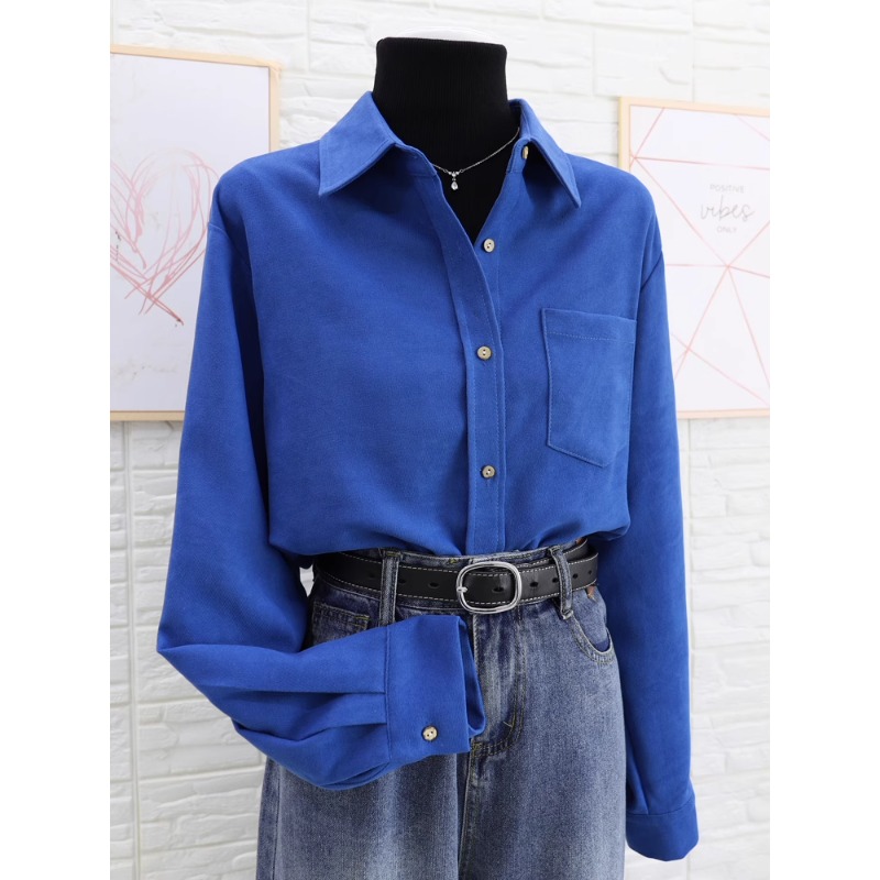 蓝色磨毛衬衫女秋冬加绒加厚新款长袖纯色衬衣叠穿内搭复古打底衫