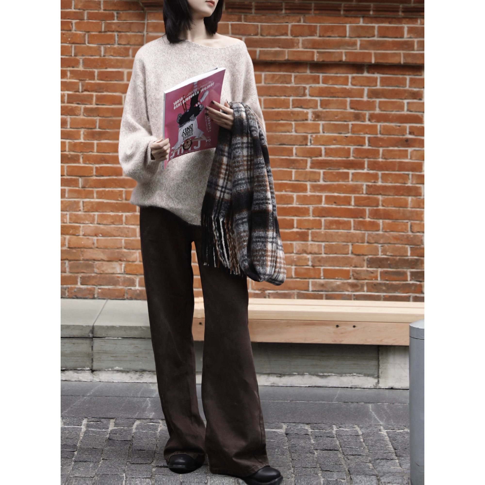 肯豆风咖色阔腿裤复古秋冬山本风休闲显瘦长裤66368