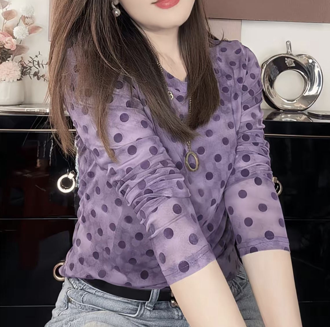 黑珍珠夏季波点圆领短袖T恤洋气百搭修身显瘦双层网纱上衣女1116