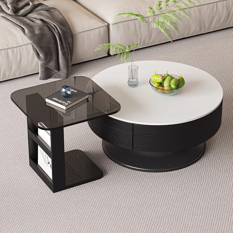 摩登枫情意式岩板茶几实木客厅圆形家用小户型轻奢现代简约茶台桌