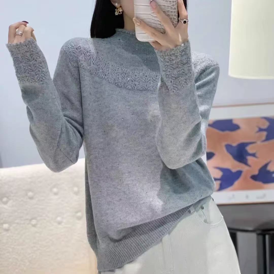 秋冬立领打底衫提花烫钻修身浣熊兔毛毛衣针织衫女上衣保暖宽松厚